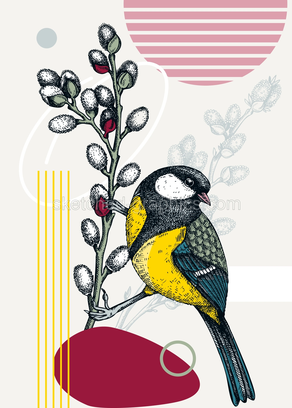 Collage style spring card or poster modern design. Great tit sitting on willow branches vector sketch. Hand drawn passerine bird, floral elements and geometric shapes. Trendy wildlife illustration. Illustration